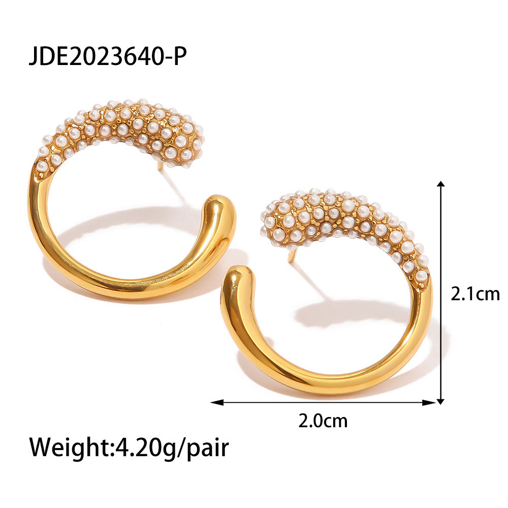Venta al por mayor Pendientes de perlas chapadas en oro de 18 quilates / diamantes blancos de acero inoxidable